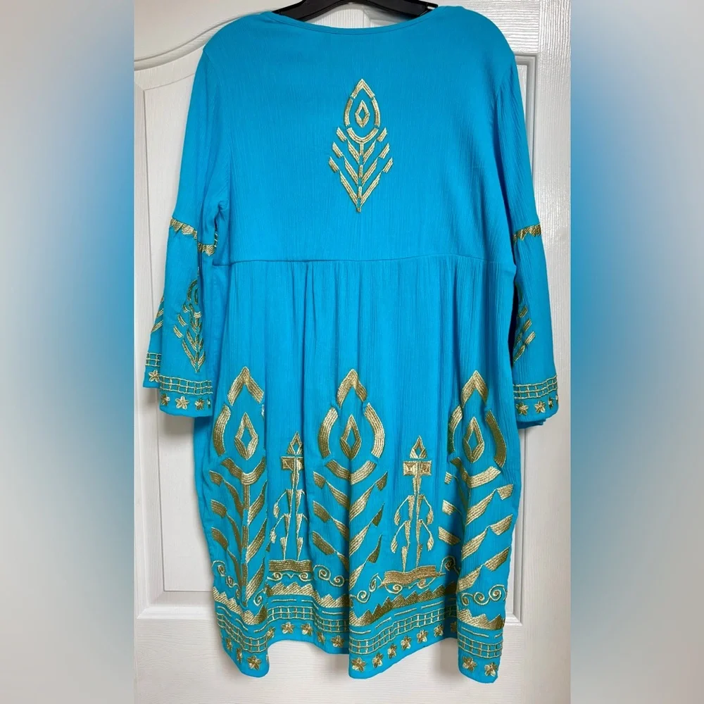 NWT Soft Surroundings Embroidered Tunic Dress Turquoise Gold Gauze Boho MP - Picture 7 of 9